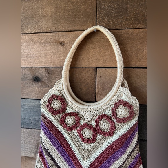 Vintage Crochet Floral Boho Shoulder Bag 70s Style Knit Purse Hippie Tote - Picture 5 of 13